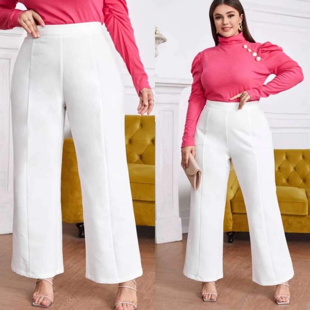 High waisted slimming tailored wide leg flared pants white zip closure